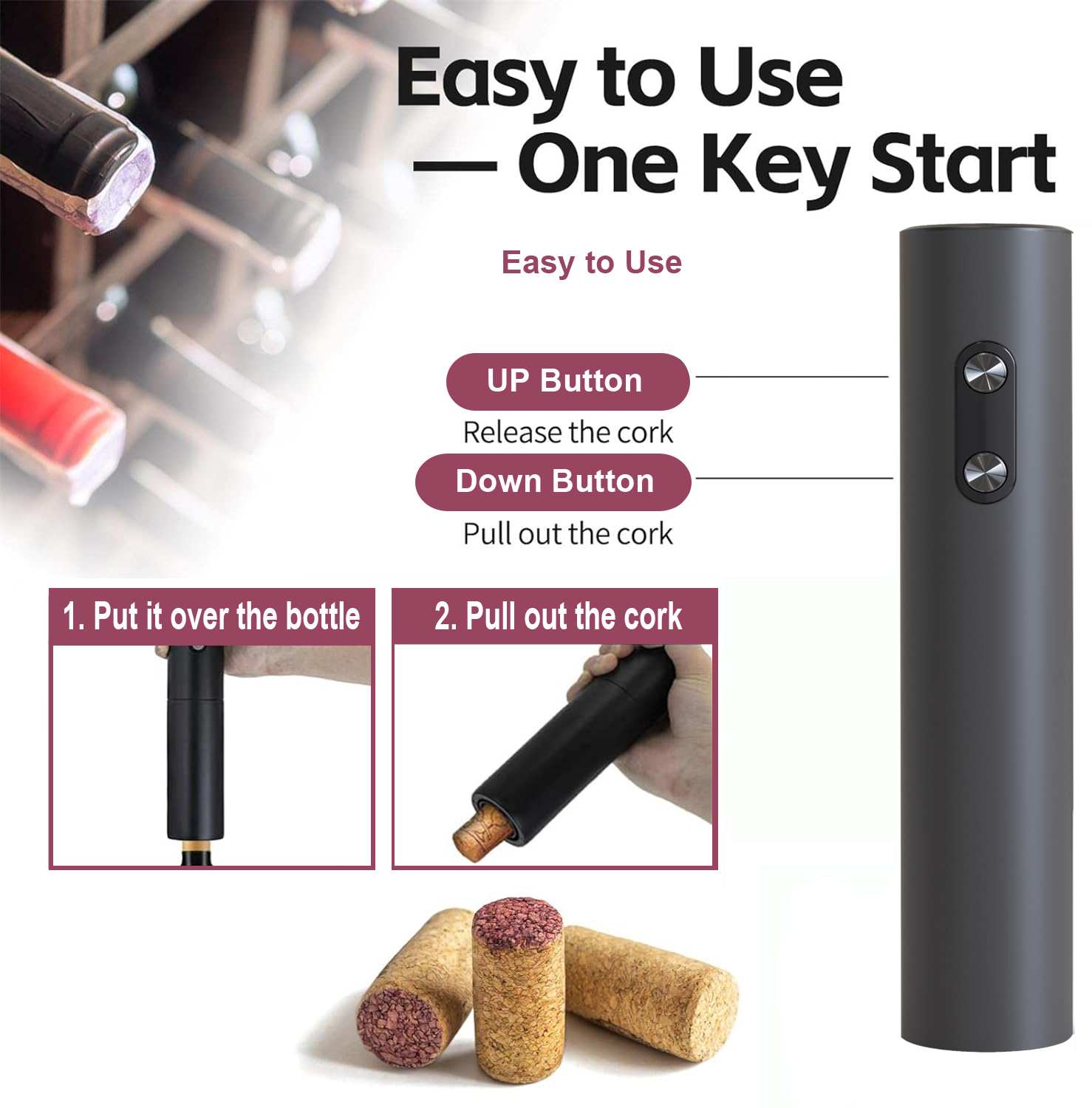 Wine Opener Electric - Apribottiglie elettrico, apribottiglie cavatappi nero con